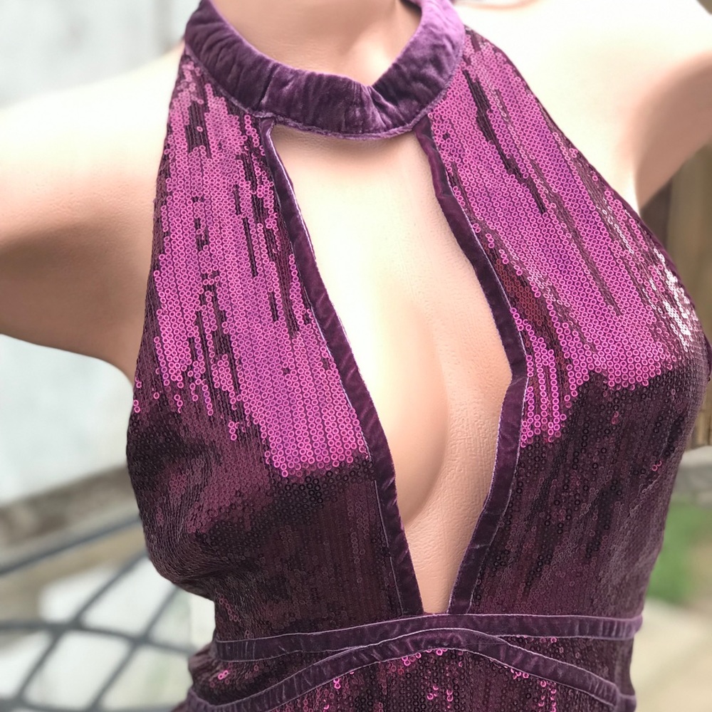 Free people Purple sequin burgundy choker mini dress holiday glam babydoll - Picture 2 of 7